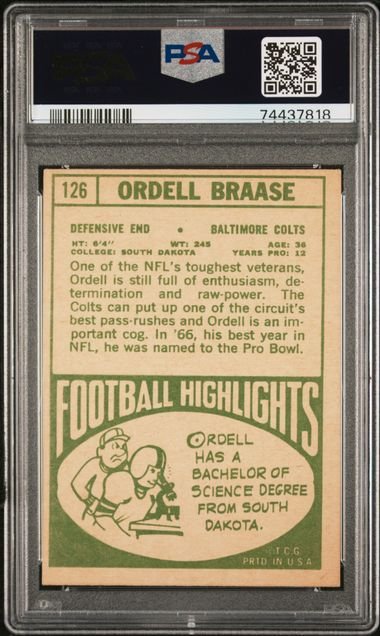 Graded 1968 Topps Ordell Braase #126 Football Card PSA 5 Excellent