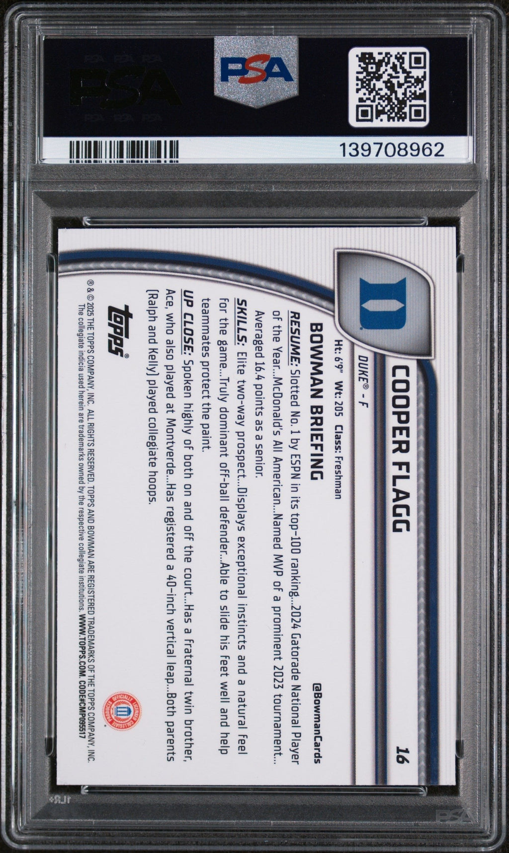Graded 2024 Topps Bowman Chrome U Cooper Flagg #16 Purple Lava Rookie RC Basketball Card PSA 10 Gem Mint