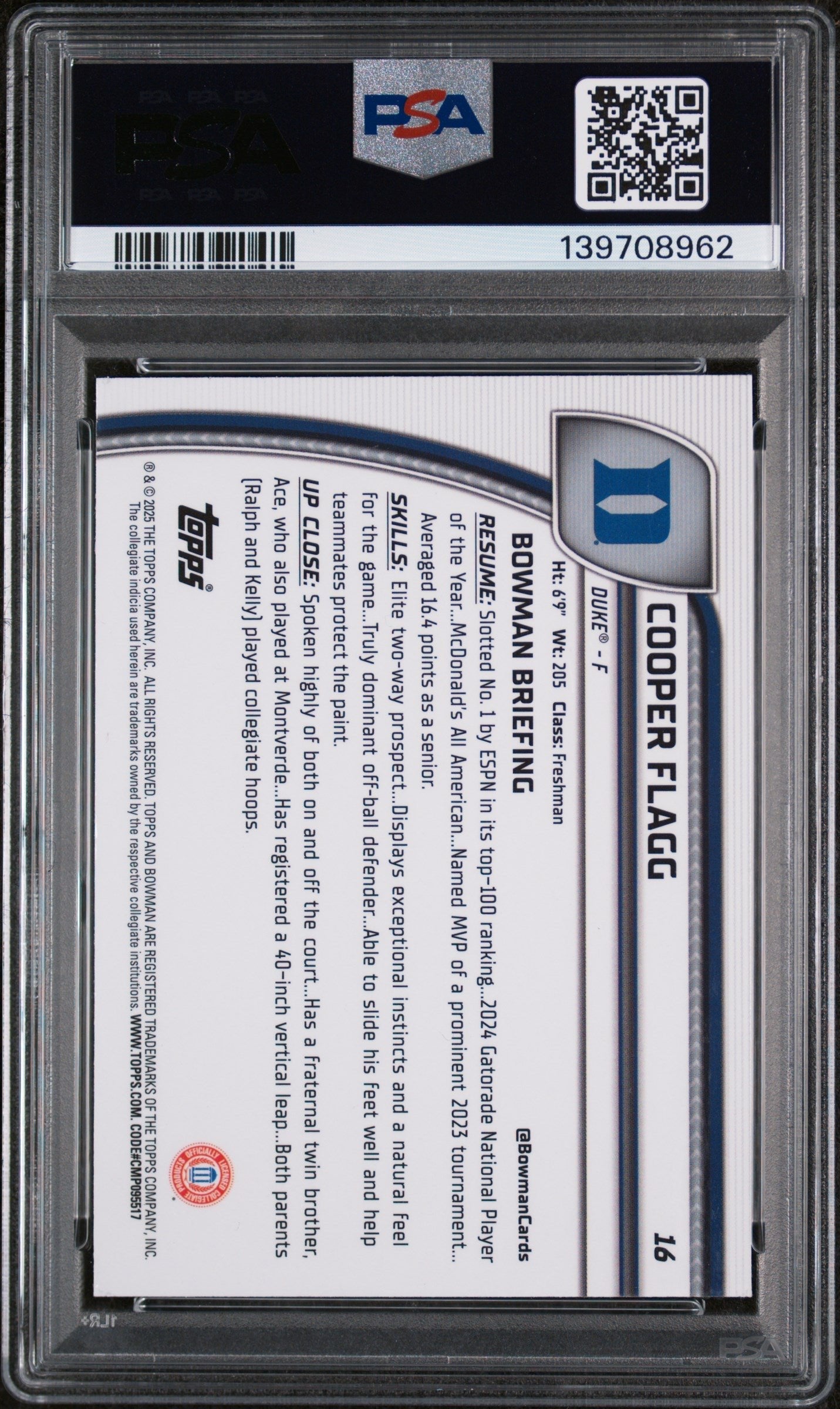 Graded 2024 Topps Bowman Chrome U Cooper Flagg #16 Purple Lava Rookie RC Basketball Card PSA 10 Gem Mint