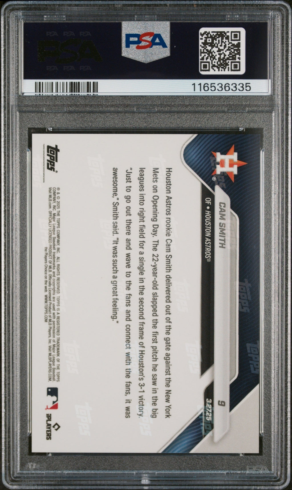 Graded 2025 Topps Now Cam Smith #9 Rookie RC Baseball Card PSA 10 Gem Mint