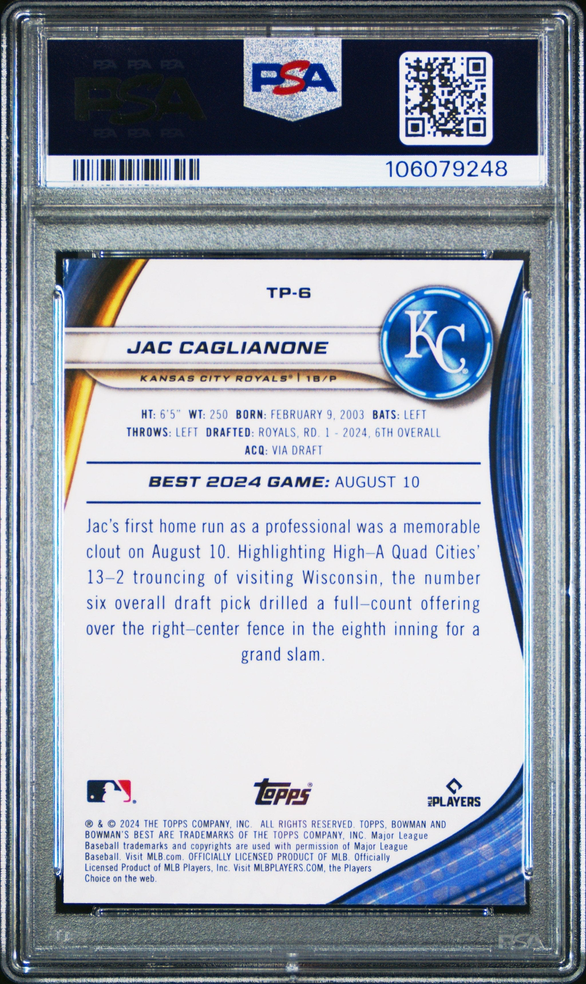 Graded 2024 Topps Bowmans Best Jac Caglianone #TP6 Top Prospects Rookie RC Baseball Card PSA 10 Gem Mint