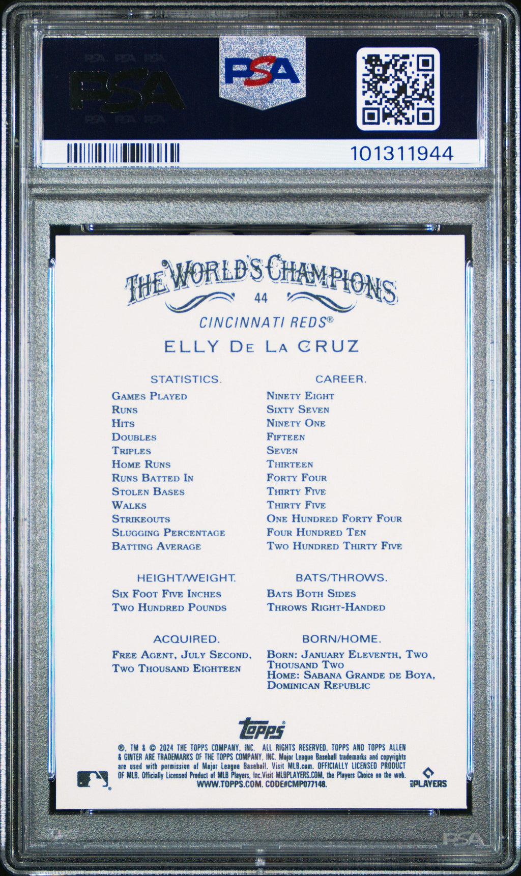 Graded 2024 Topps Allen & Ginter Elly De La Cruz #44 Rookie RC Baseball Card PSA 10 Gem Mint