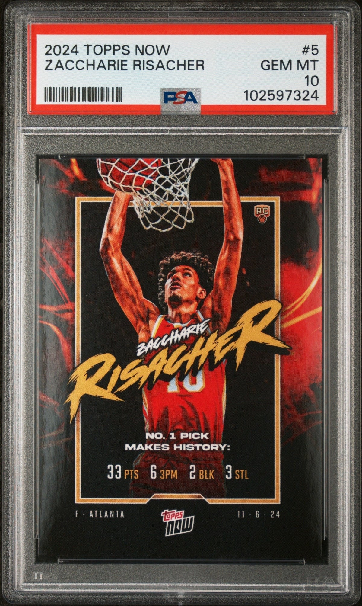Graded 2024 Topps Now Zaccharie Risacher #5 Rookie RC Basketball Card PSA 10 Gem Mint