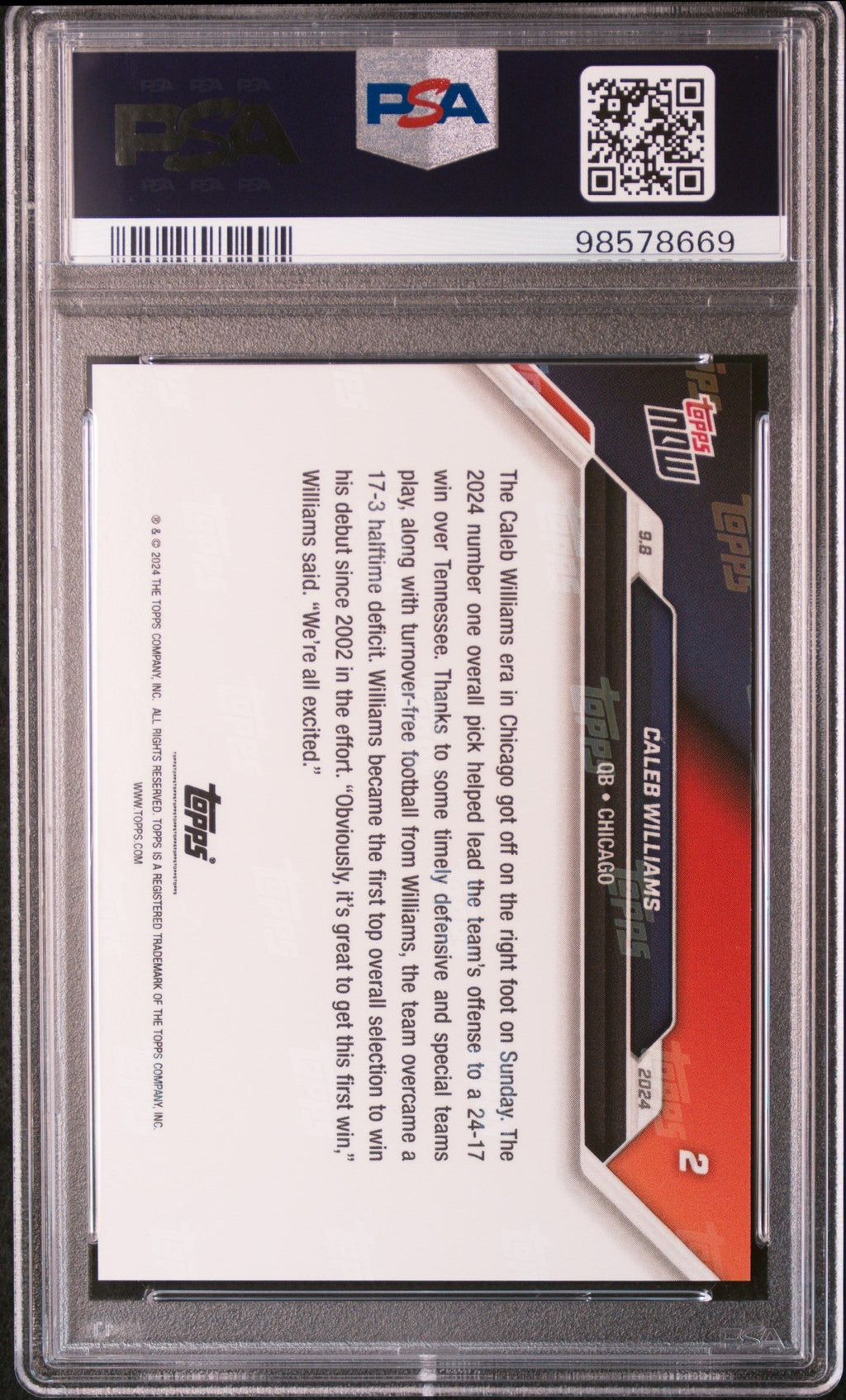 Graded 2024 Topps Now Caleb Williams #2 Rookie RC Football Card PSA 10 Gem Mint