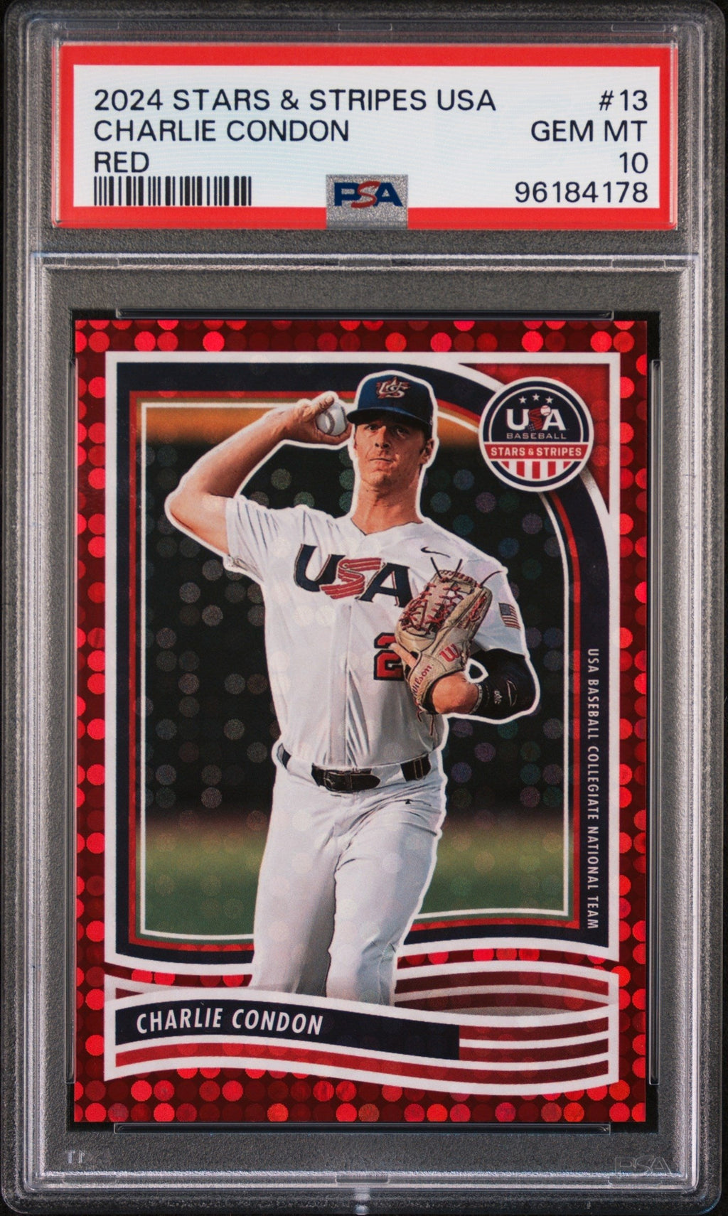 Graded 2024 Panini Stars & Stripes USA Charlie Condon #13 /199 Rookie RC Baseball Card PSA 10 Gem Mint
