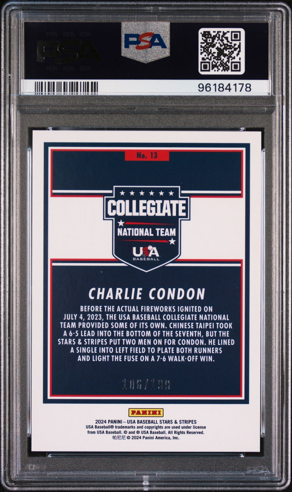 Graded 2024 Panini Stars & Stripes USA Charlie Condon #13 /199 Rookie RC Baseball Card PSA 10 Gem Mint