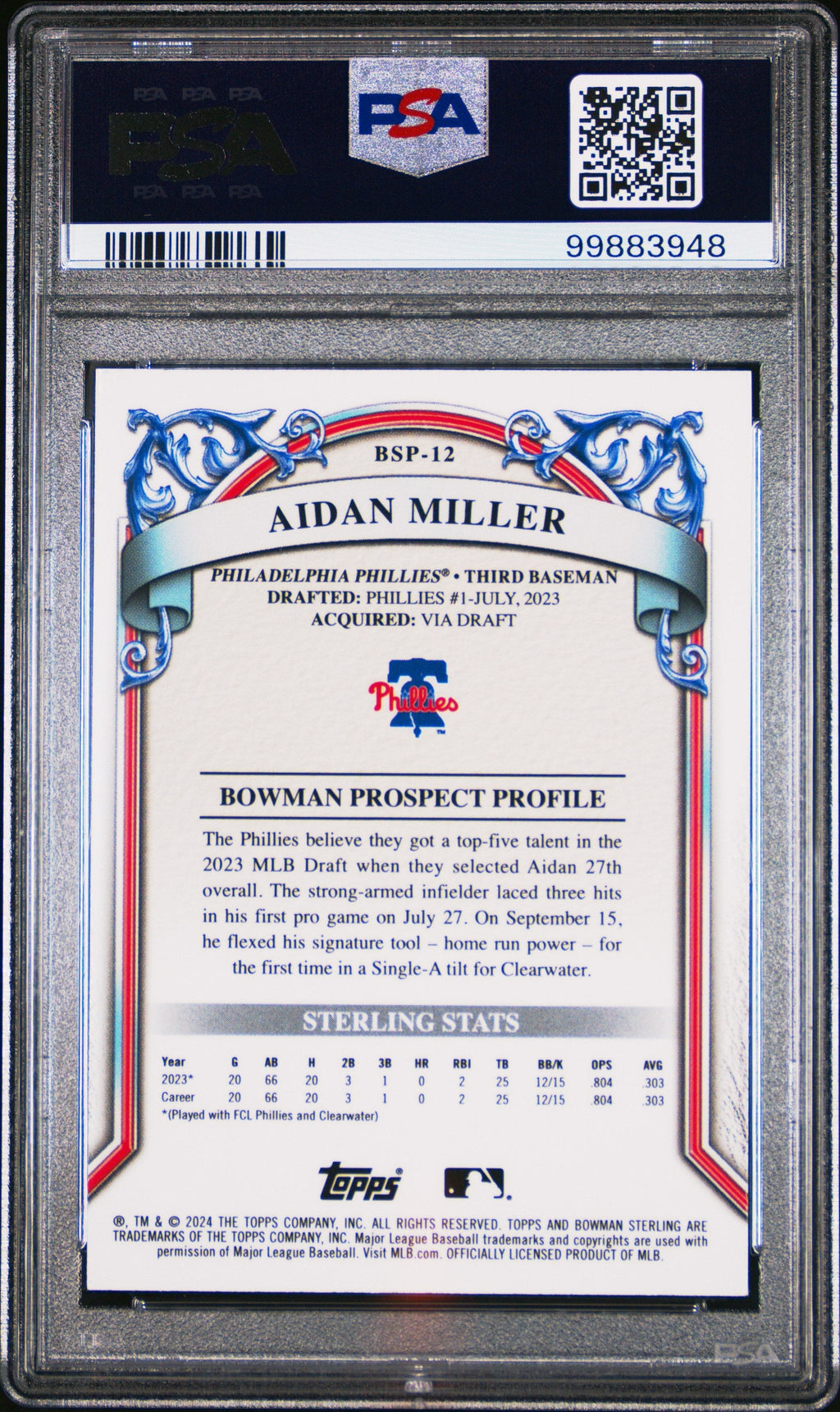 Graded 2024 Topps Bowman Sterling Aidan Miller #BSP12 Prospects Rookie RC Baseball Card PSA 10 Gem Mint