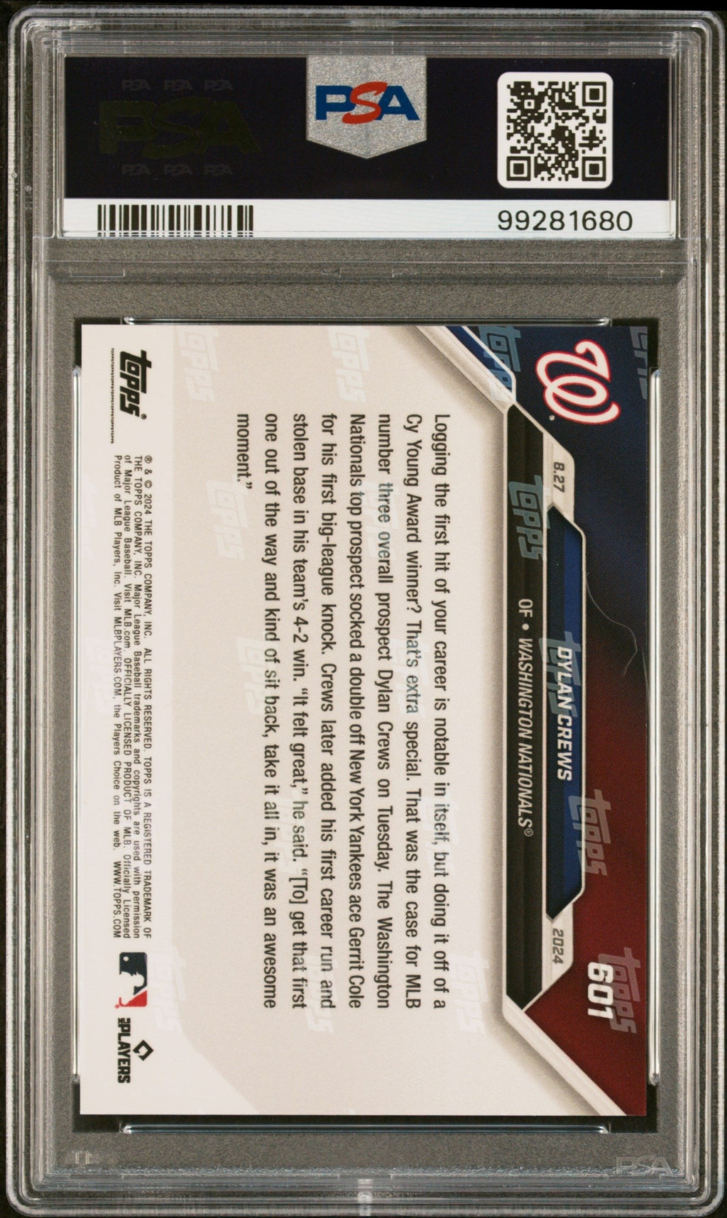Graded 2024 Topps Now Dylan Crews #601 MLB Number 3 Prospect Logs 1st Hit, SB & Run Rookie RC Baseball Card PSA 10 Gem Mint