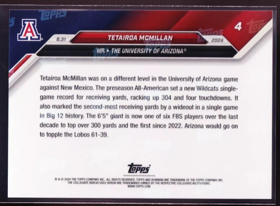 2024 Topps Bowman U Now Tetairoa McMillan #4 Blue #/49 Arizona Wildcats Football Card