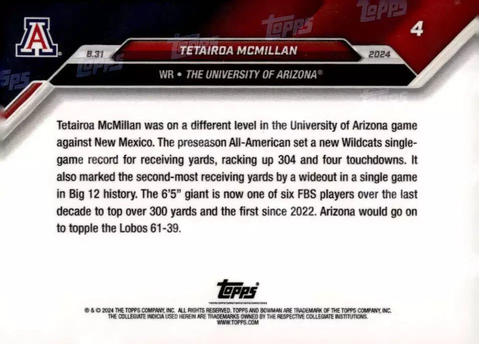 2024 Topps Bowman U Now Tetairoa McMillan #4 Purple #/25 Arizona Wildcats Football Card
