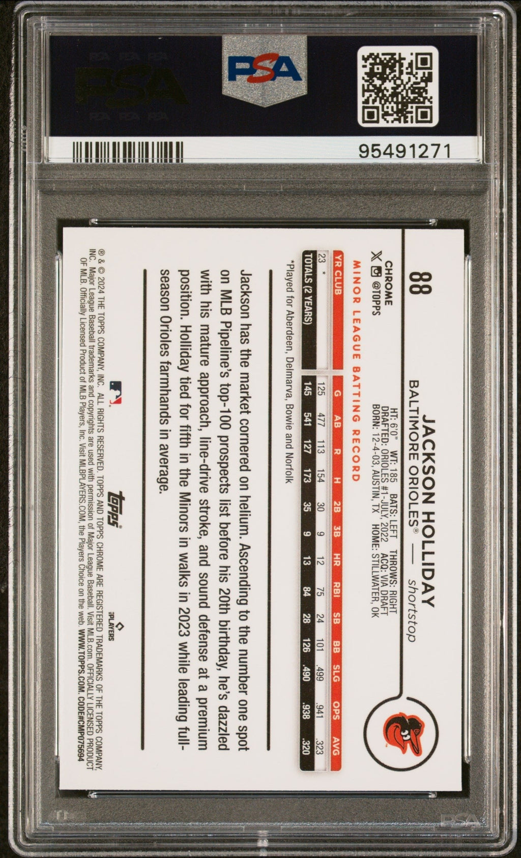 Graded 2024 Topps Chrome Jackson Holliday #88 Rookie RC Baseball Card PSA 10 Gem Mint