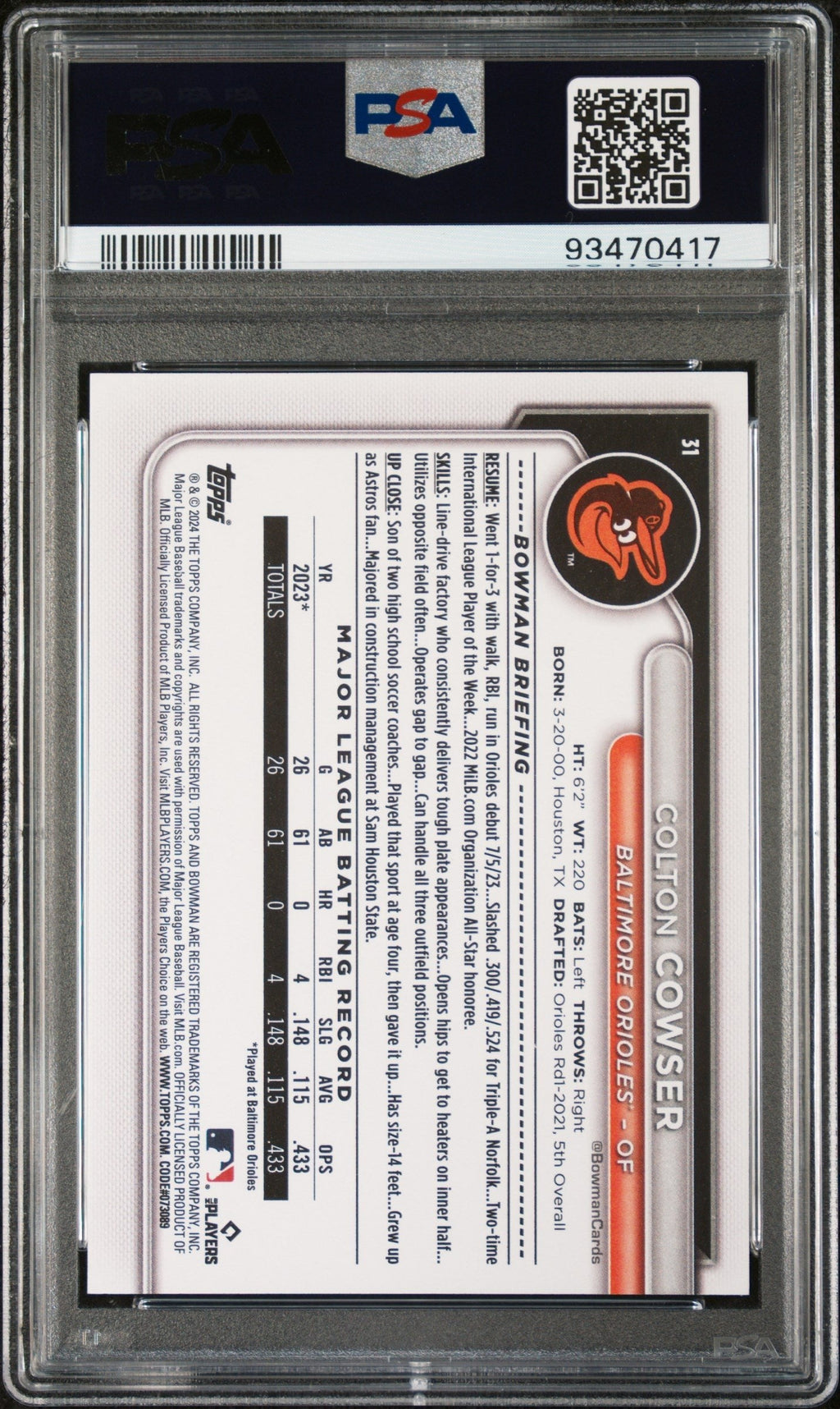 Graded 2024 Topps Bowman Colton Cowser #31 Rookie RC Baseball Card PSA 10 Gem Mint