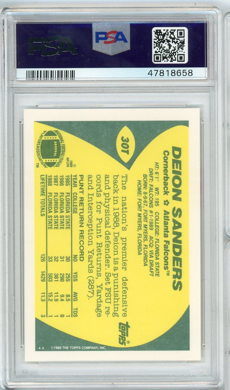 Graded 1989 Topps Traded Deion Sanders #30T Rookie RC Football Card PSA 9 Mint