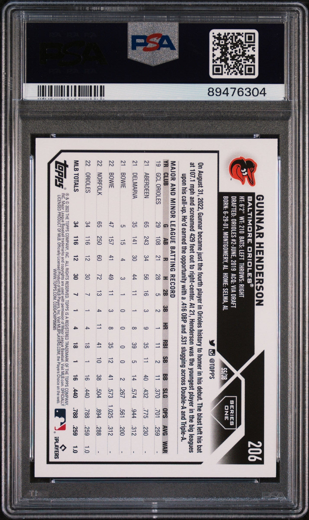 Graded 2023 Topps Gunnar Henderson #206 Rookie RC Baseball Card PSA 10 Gem Mint
