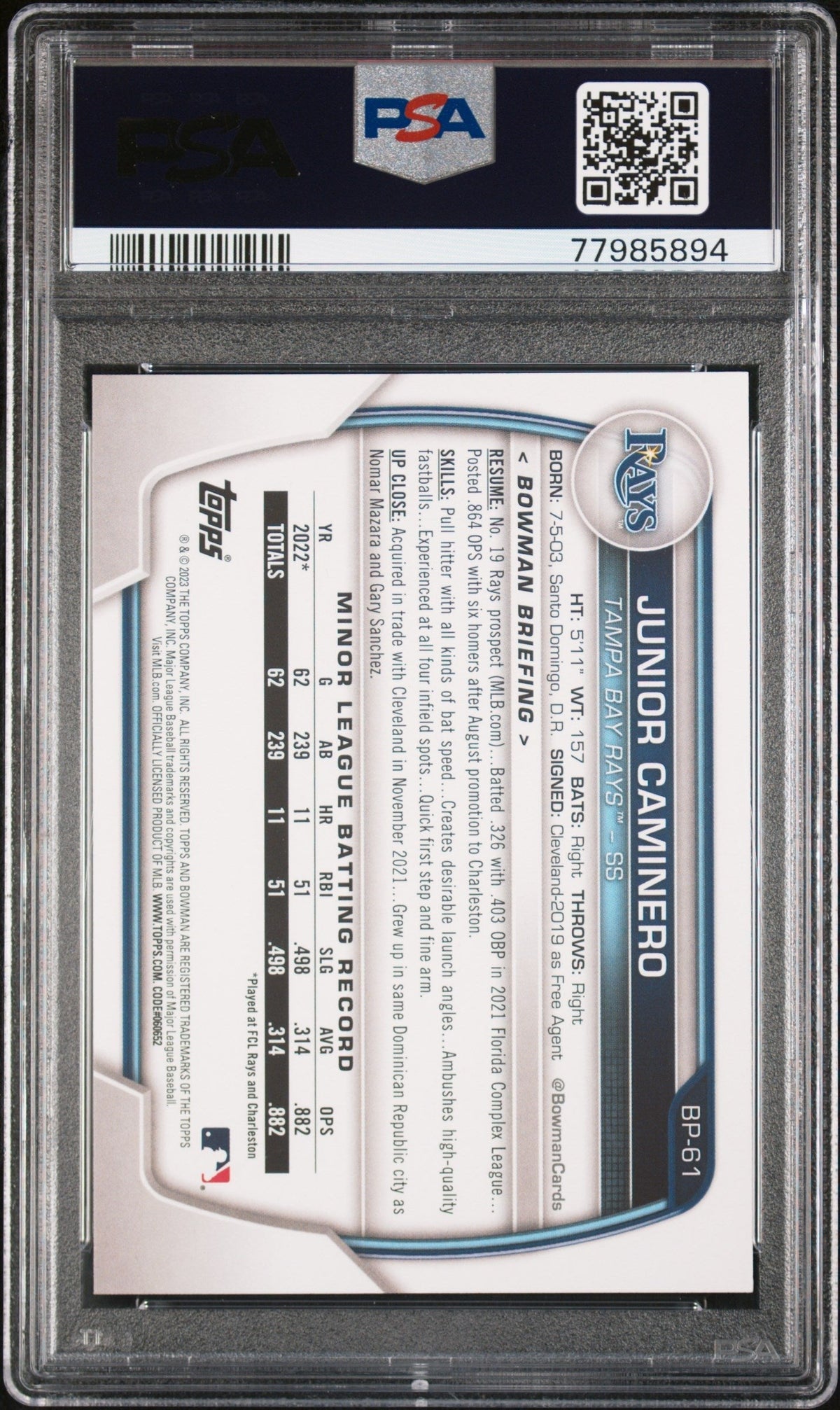 Graded 2023 Topps Bowman Junior Caminero #BP61 Paper Prospects Rookie RC Baseball Card PSA 10 Gem Mint