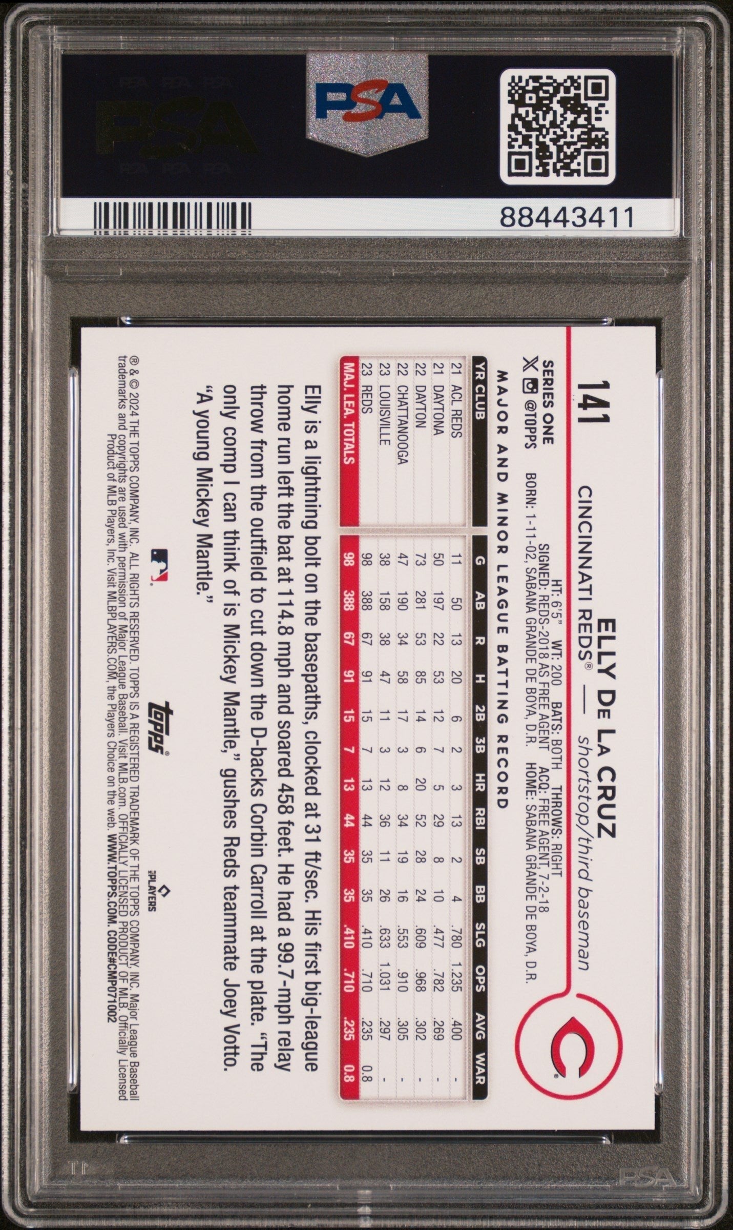 Graded 2024 Topps Elly De La Cruz #141 Yellow Rookie RC Baseball Card PSA 10 Gem Mint