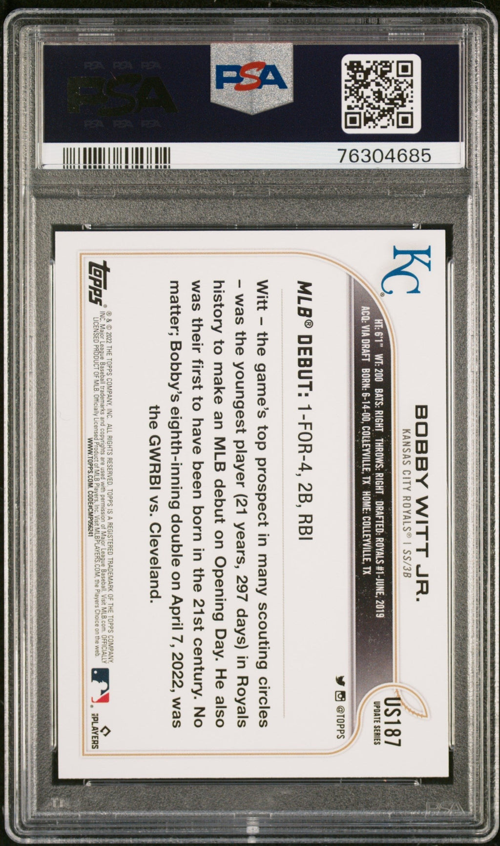 Graded 2022 Topps Update Bobby Witt Jr. #US187 Rookie RC Baseball Card PSA 10 Gem Mint