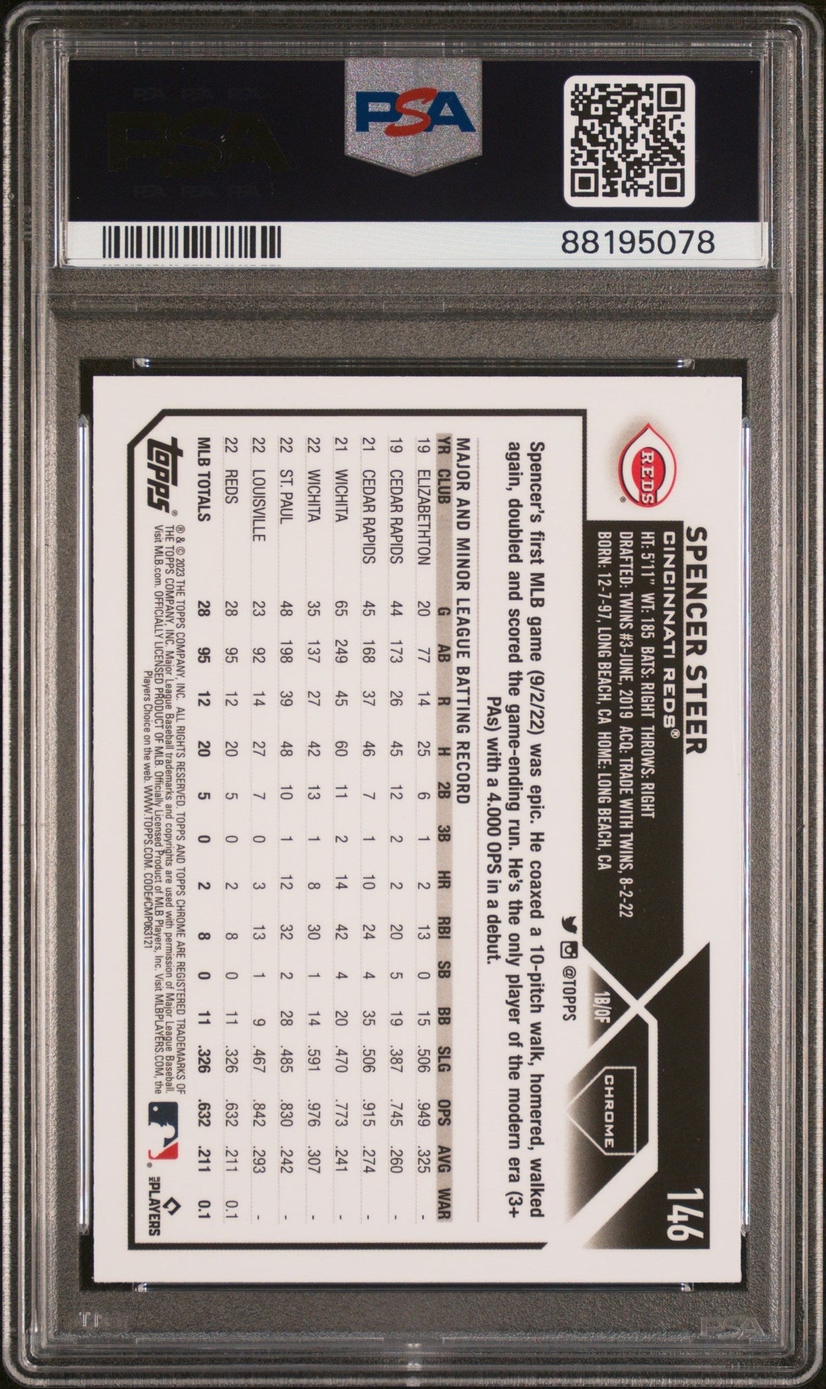 Graded 2023 Topps Chrome Spencer Steer #146 XFractor Rookie RC Baseball Card PSA 10 Gem Mint