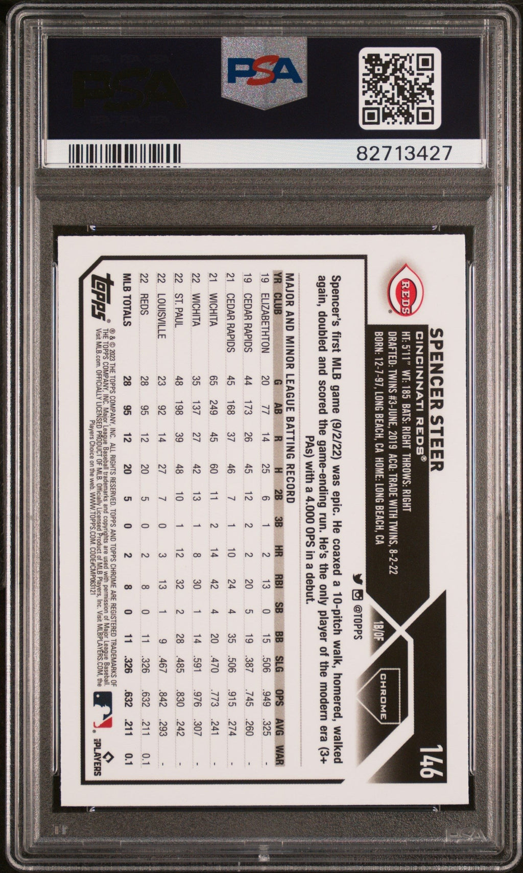 Graded 2023 Topps Chrome Spencer Steer #146 Prism Rookie RC Baseball Card PSA 10 Gem Mint