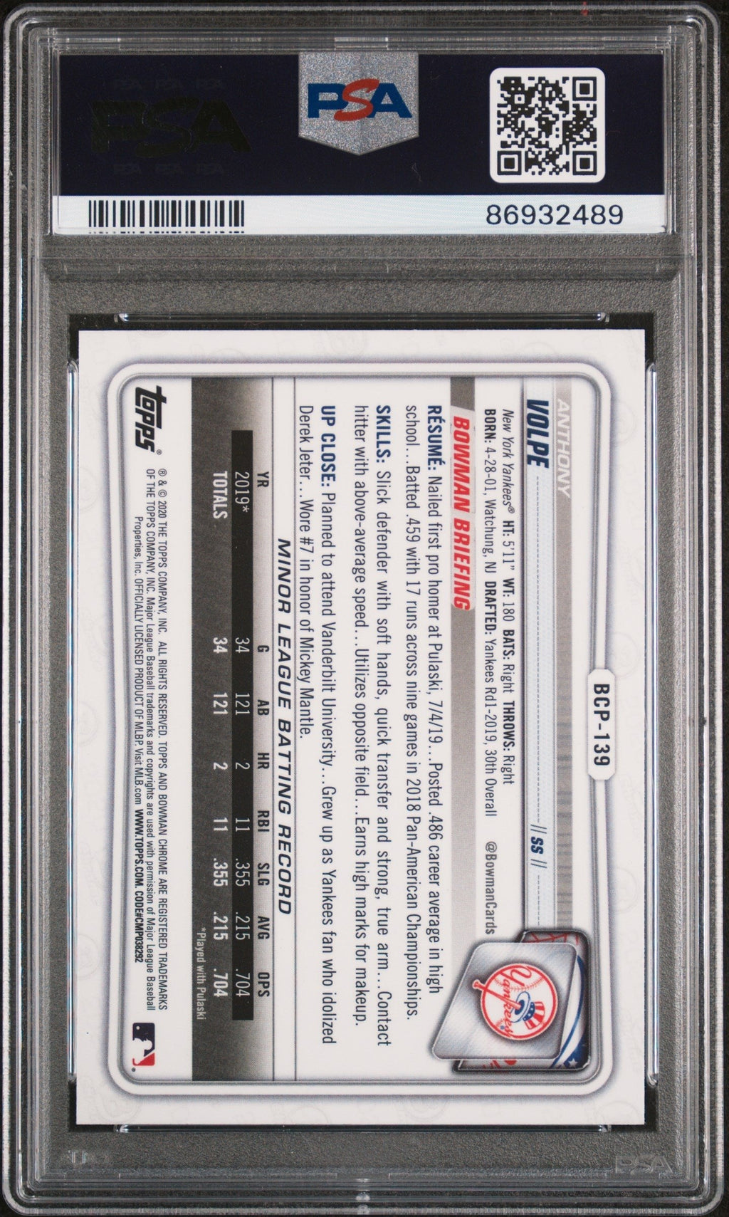 Graded 2020 Topps Bowman Chrome Anthony Volpe #BCP139 Prospects Rookie RC Baseball Card PSA 10 Gem Mint