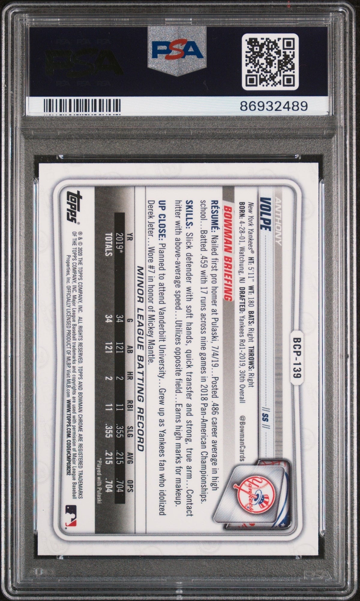 Graded 2020 Topps Bowman Chrome Anthony Volpe #BCP139 Prospects Rookie RC Baseball Card PSA 10 Gem Mint