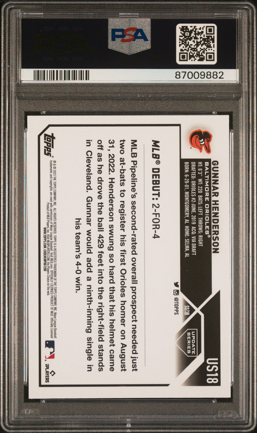 Graded 2023 Topps Update Gunnar Henderson #US18 Rookie RC Baseball Card PSA 10 Gem Mint