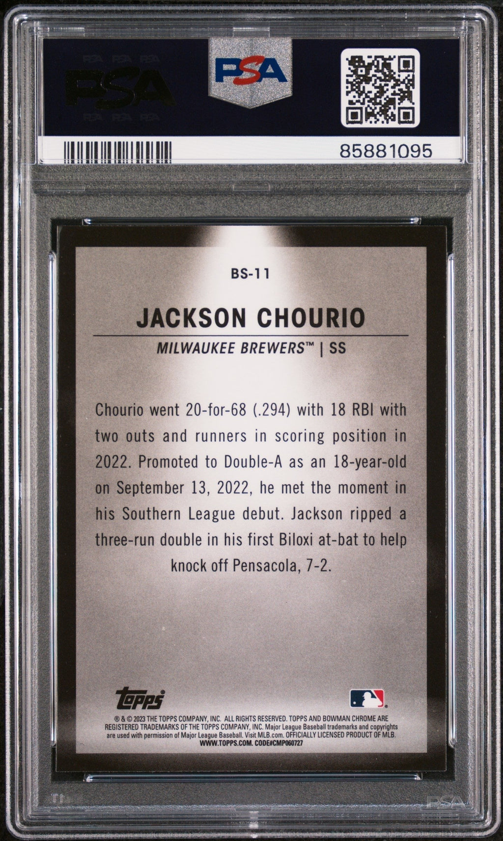 Graded 2023 Topps Bowman Jackson Chourio #BS11 Spotlights Rookie RC Baseball Card PSA 10 Gem Mint