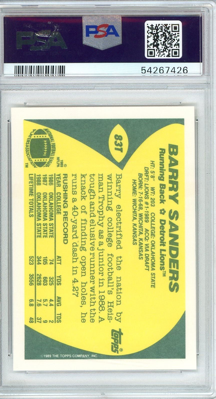 Graded 1989 Topps Traded Barry Sanders #83T Rookie RC Football Card PSA 9 Mint