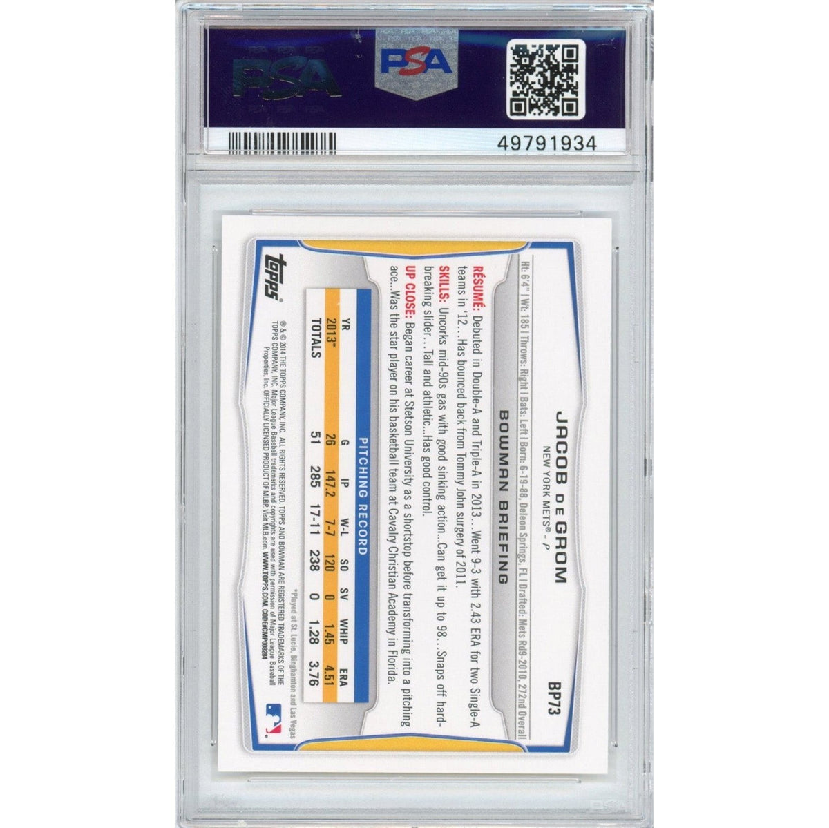Graded 2014 Topps Bowman Prospects Jacob DeGrom #BP73 Rookie RC Baseball Card PSA 10 Gem Mint