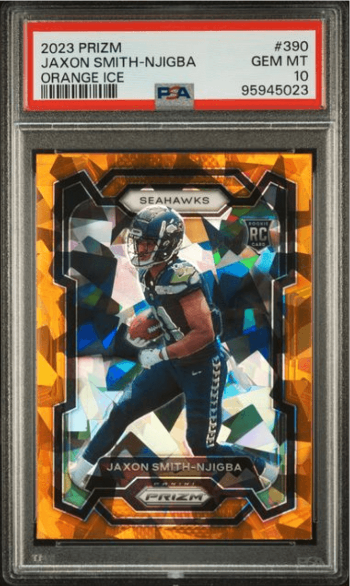 Graded 2023 Panini Prizm Jaxon Smith-Njigba #390 Orange Ice Rookie RC Football Card PSA 10 Gem Mint