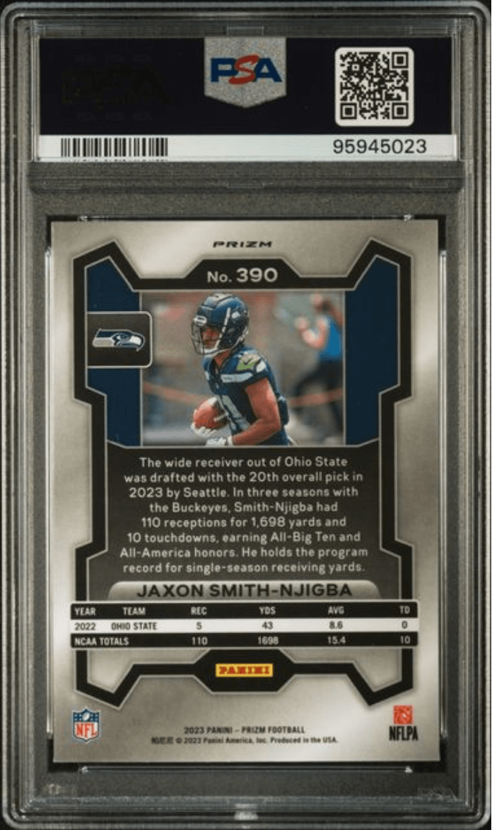 Graded 2023 Panini Prizm Jaxon Smith-Njigba #390 Orange Ice Rookie RC Football Card PSA 10 Gem Mint