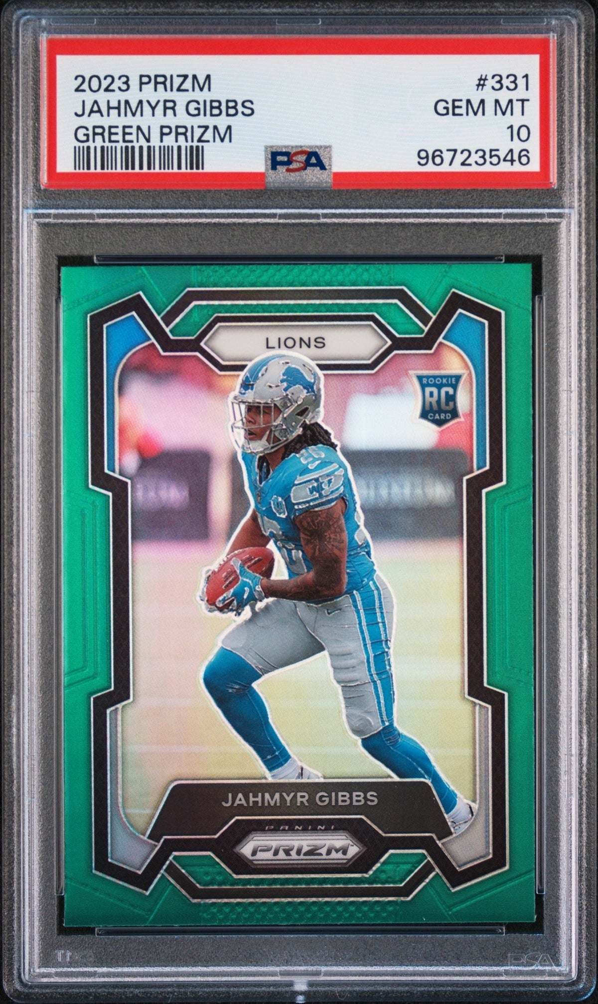 Graded 2023 Panini Prizm Jahmyr Gibbs #331 Green Prizm Rookie RC Football Card PSA 10 Gem Mint