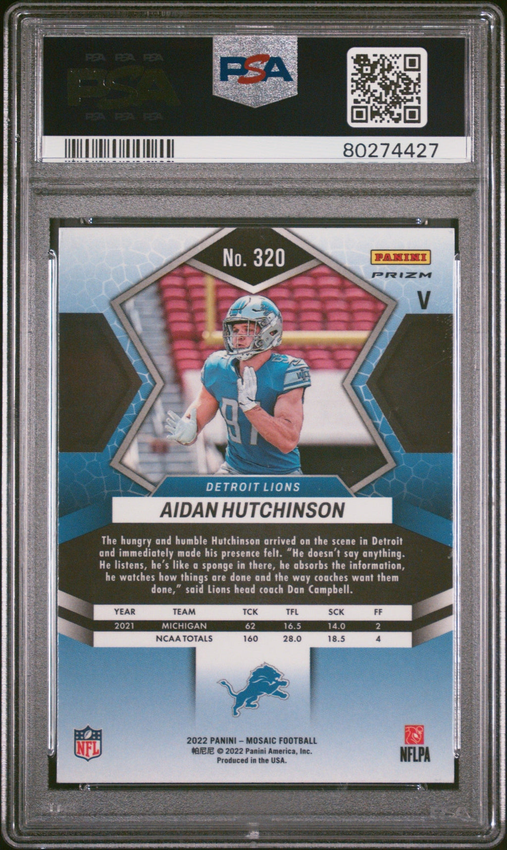 Graded 2022 Panini Mosaic Aidan Hutchinson #320 Variation No Huddle Rookie RC Football Card PSA 10 Gem Mint