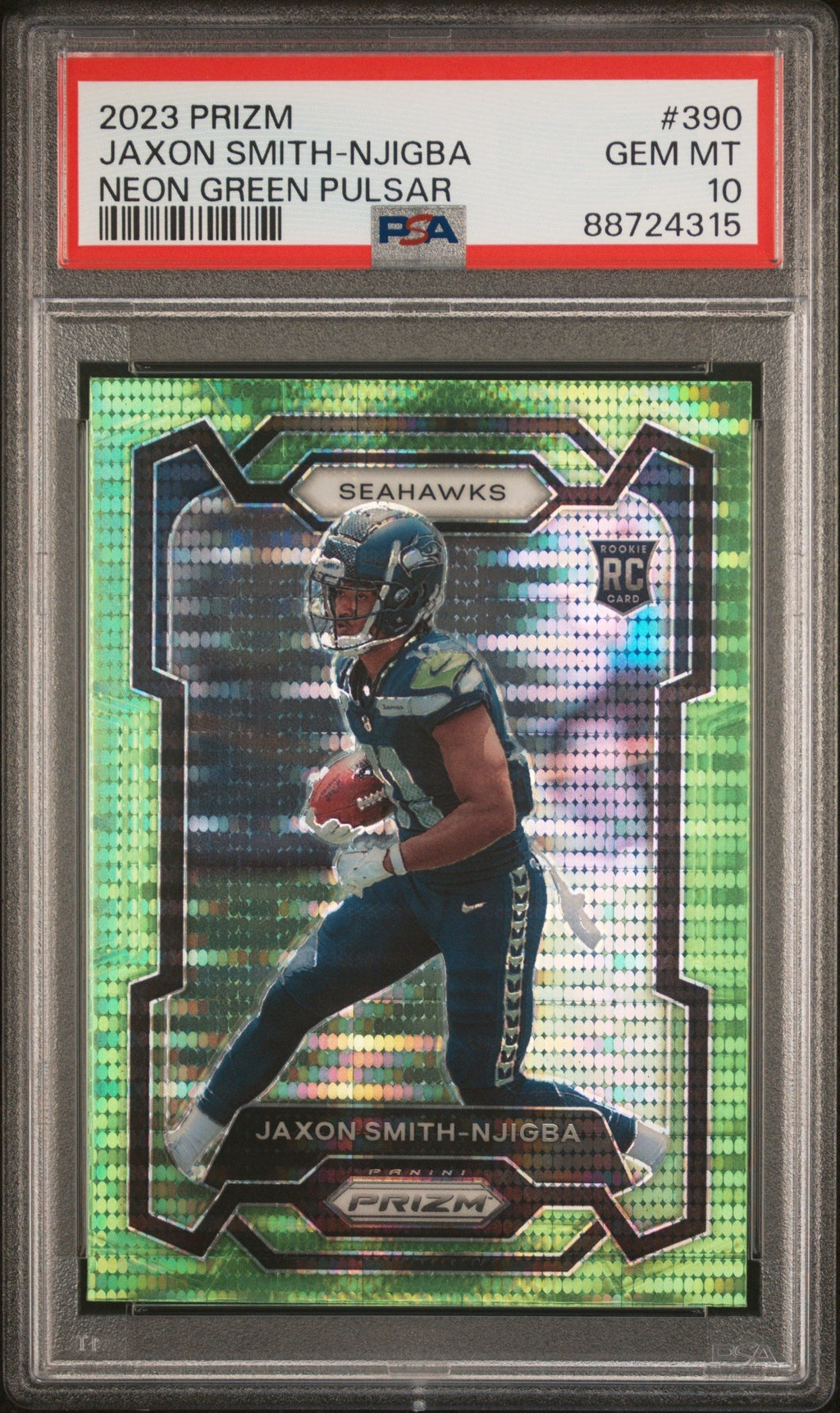 Graded 2023 Panini Prizm Jaxon Smith-Njigba #390 Neon Green Pulsar Rookie RC Football Card PSA 10 Gem Mint
