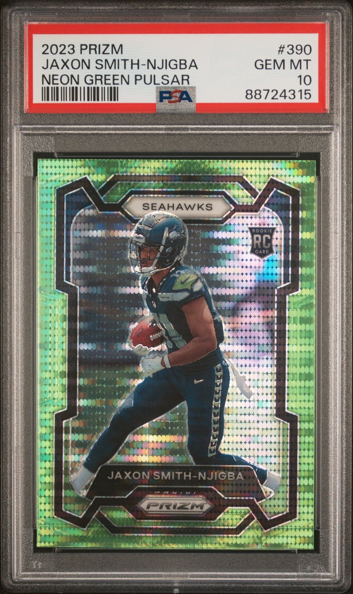 Graded 2023 Panini Prizm Jaxon Smith-Njigba #390 Neon Green Pulsar Rookie RC Football Card PSA 10 Gem Mint