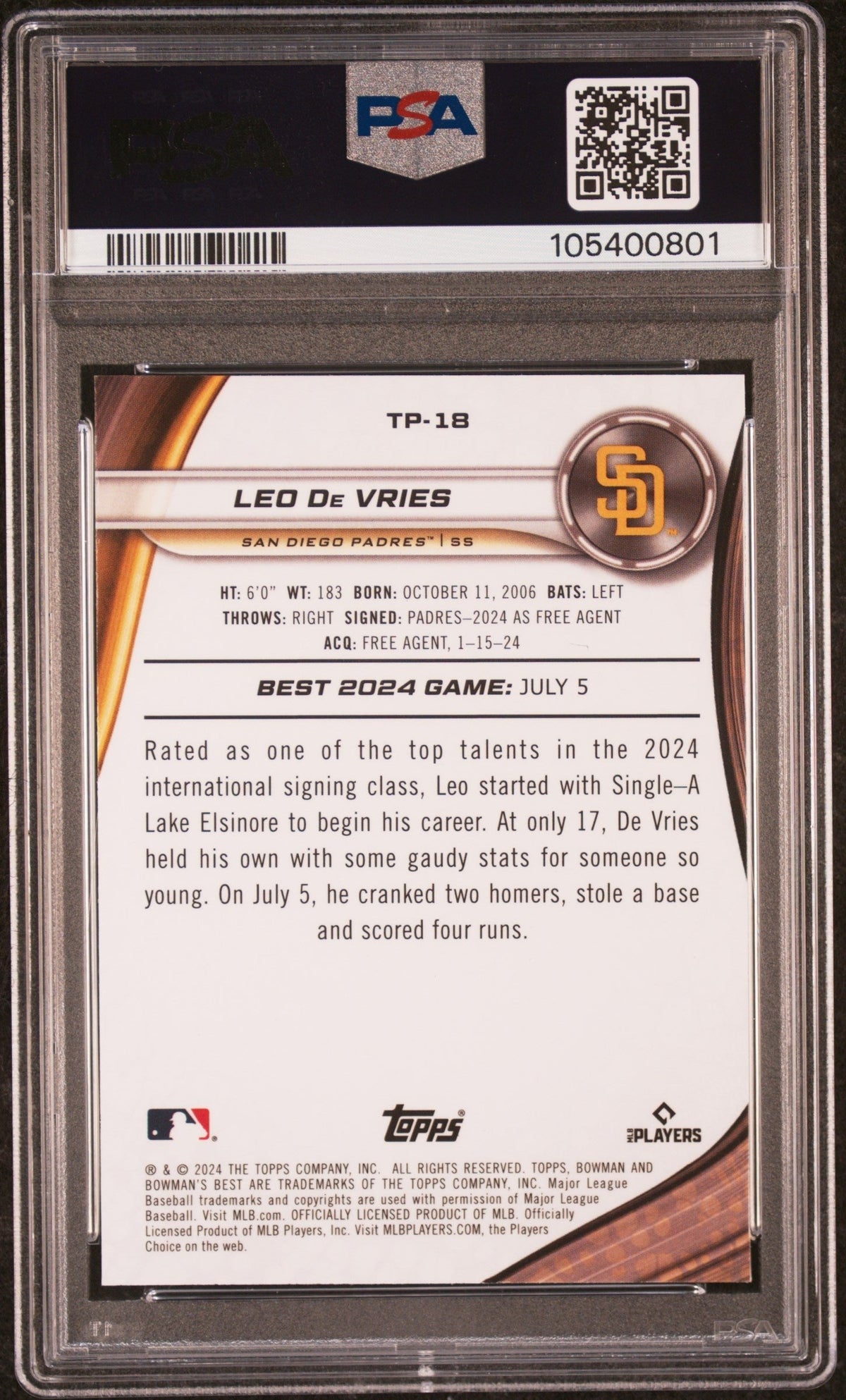 Graded 2024 Topps Bowmans Best Leo De Vries #TP18 Top Prospects Mini Diamond /299 Rookie RC Baseball Card PSA 10 Gem Mint
