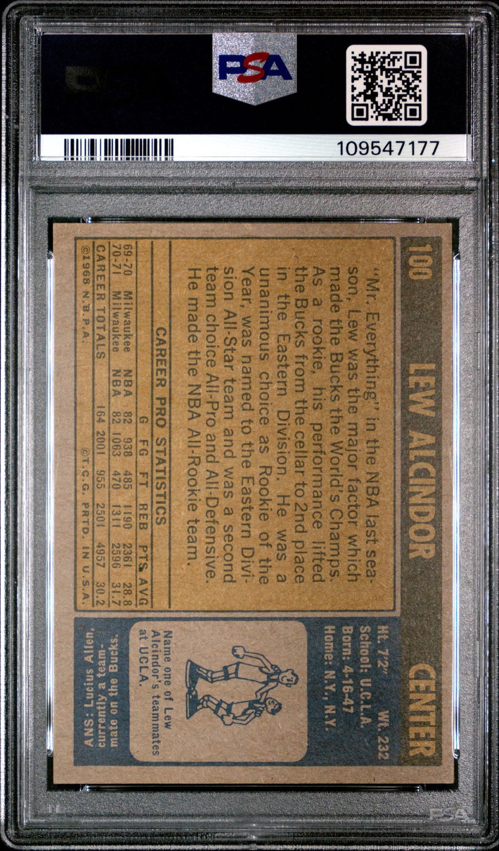 Graded 1971 Topps Lew Alcindor Kareem Abdul-Jabbar #100 Basketball Card PSA 6 EX-MT