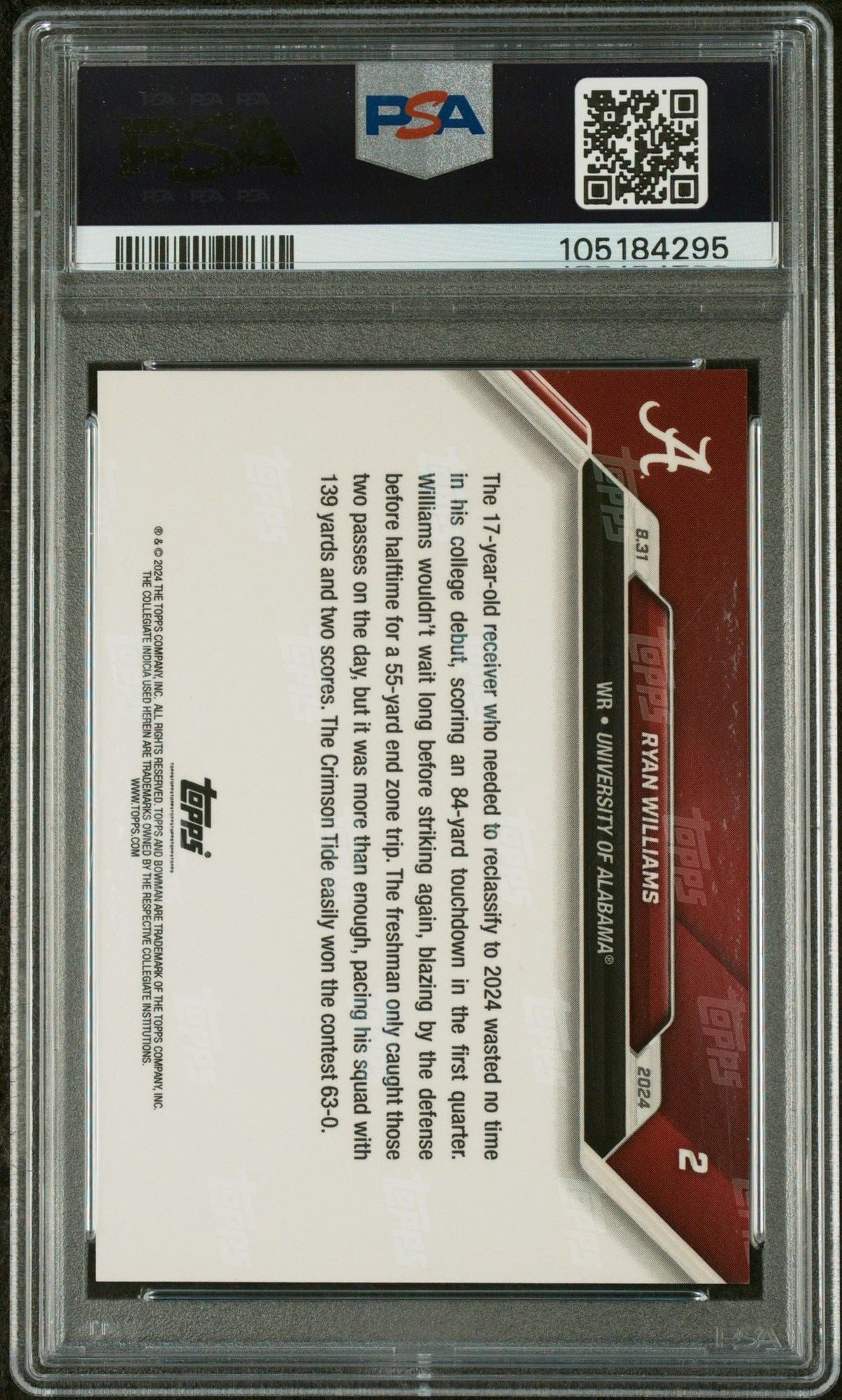 Graded 2024 Topps Bowman U Now Ryan Williams #2 Purple /25 Rookie RC Football Card PSA 10 Auto Grade Gem Mint