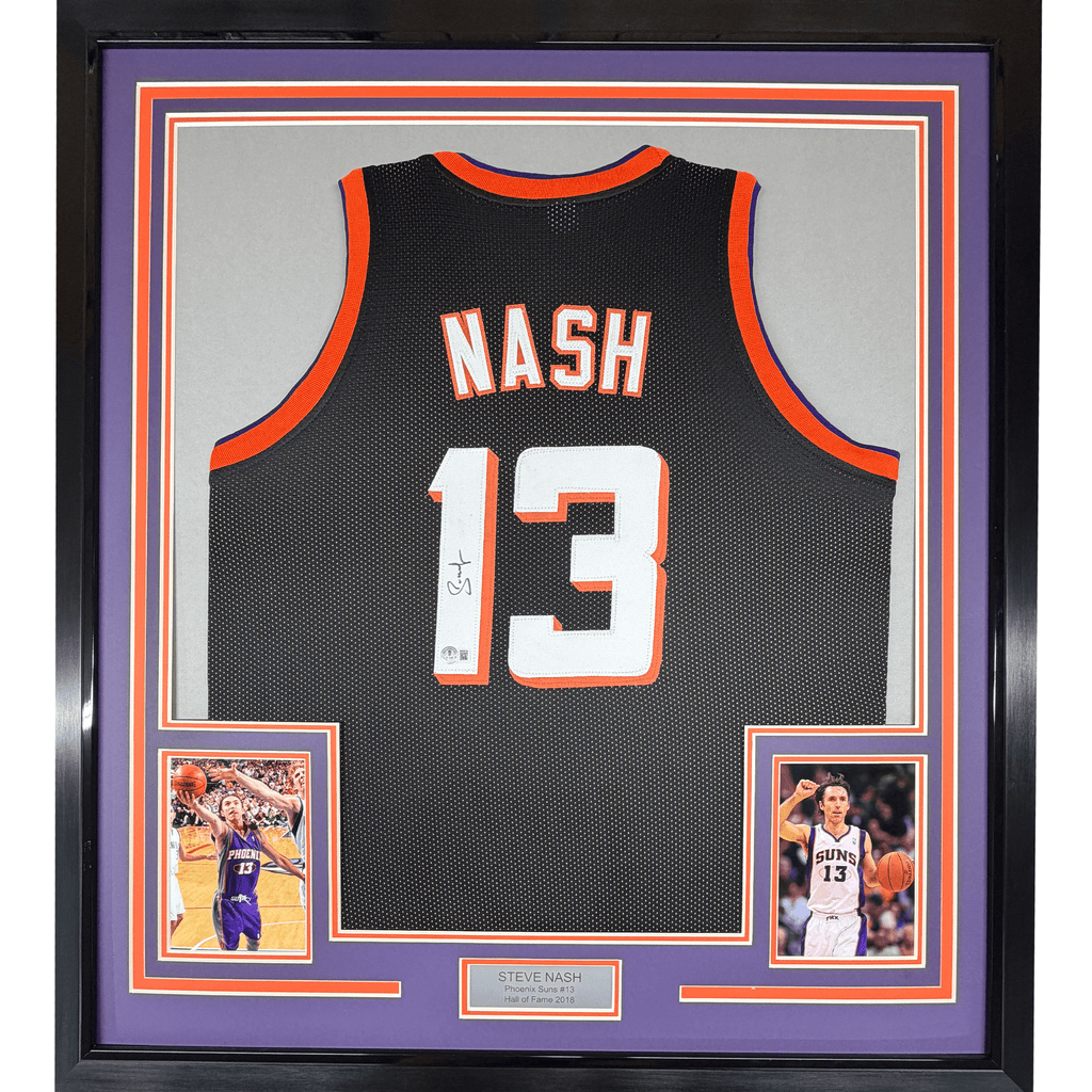Framed Autographed/Signed Steve Nash 35x39 Phoenix Black Basketball Jersey Beckett BAS COA