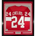 Framed Autographed/Signed Chris Chelios 35x39 Detroit Red Hockey Jersey JSA COA