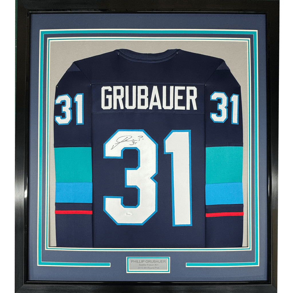 Framed Autographed/Signed Philipp Grubauer 35x39 Seattle Blue Hockey Jersey JSA COA