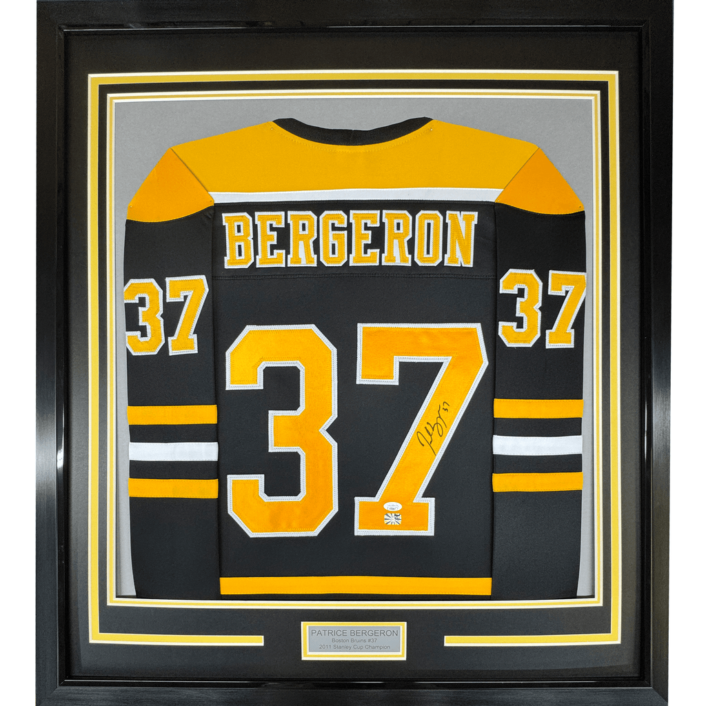 Framed Autographed/Signed Patrice Bergeron 35x39 Boston Black Hockey Jersey JSA COA