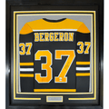 Framed Autographed/Signed Patrice Bergeron 35x39 Boston Black Hockey Jersey JSA COA