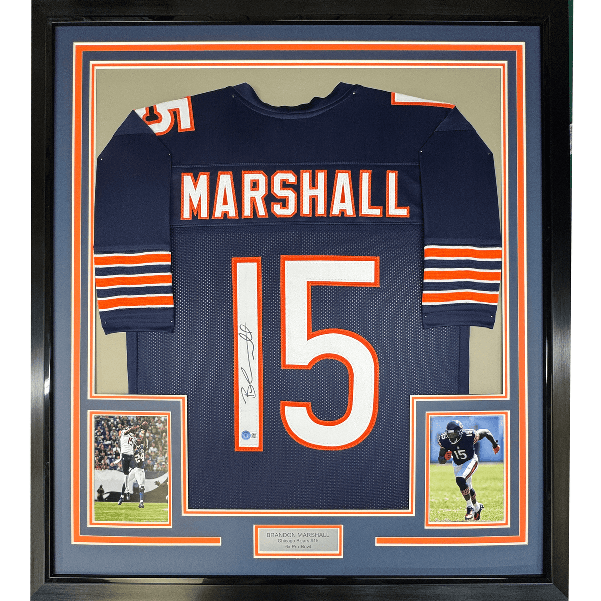 Framed Autographed/Signed Brandon Marshall 35x39 Chicago Blue Football Jersey Beckett BAS COA