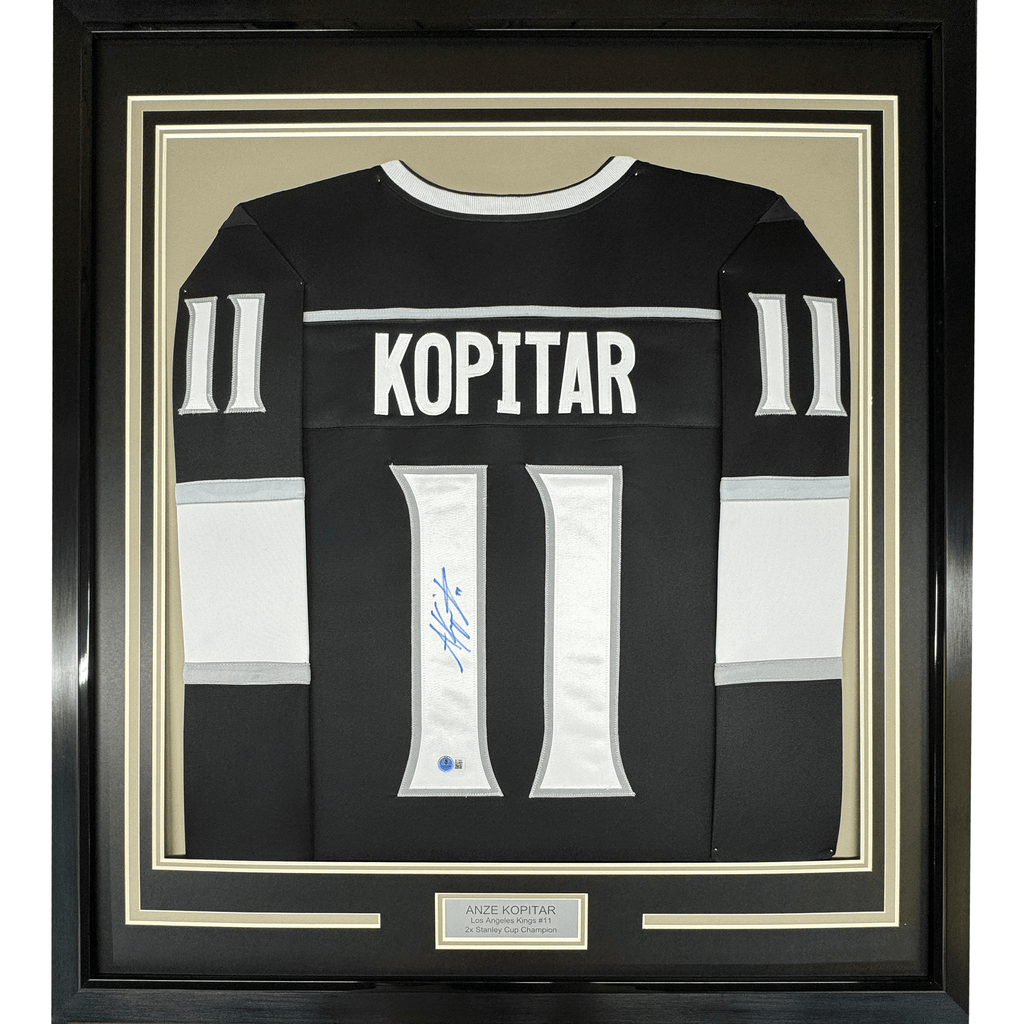 Framed Autographed/Signed Anze Kopitar 35x39 Los Angeles LA Black Hockey Jersey JSA COA
