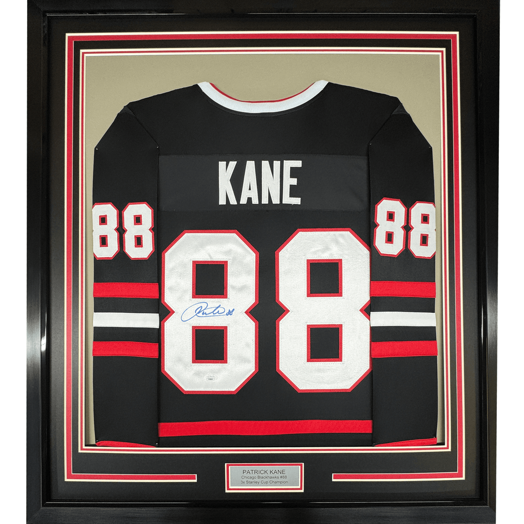 Framed Autographed/Signed Patrick Kane 35x39 Chicago Black Hockey Jersey JSA COA