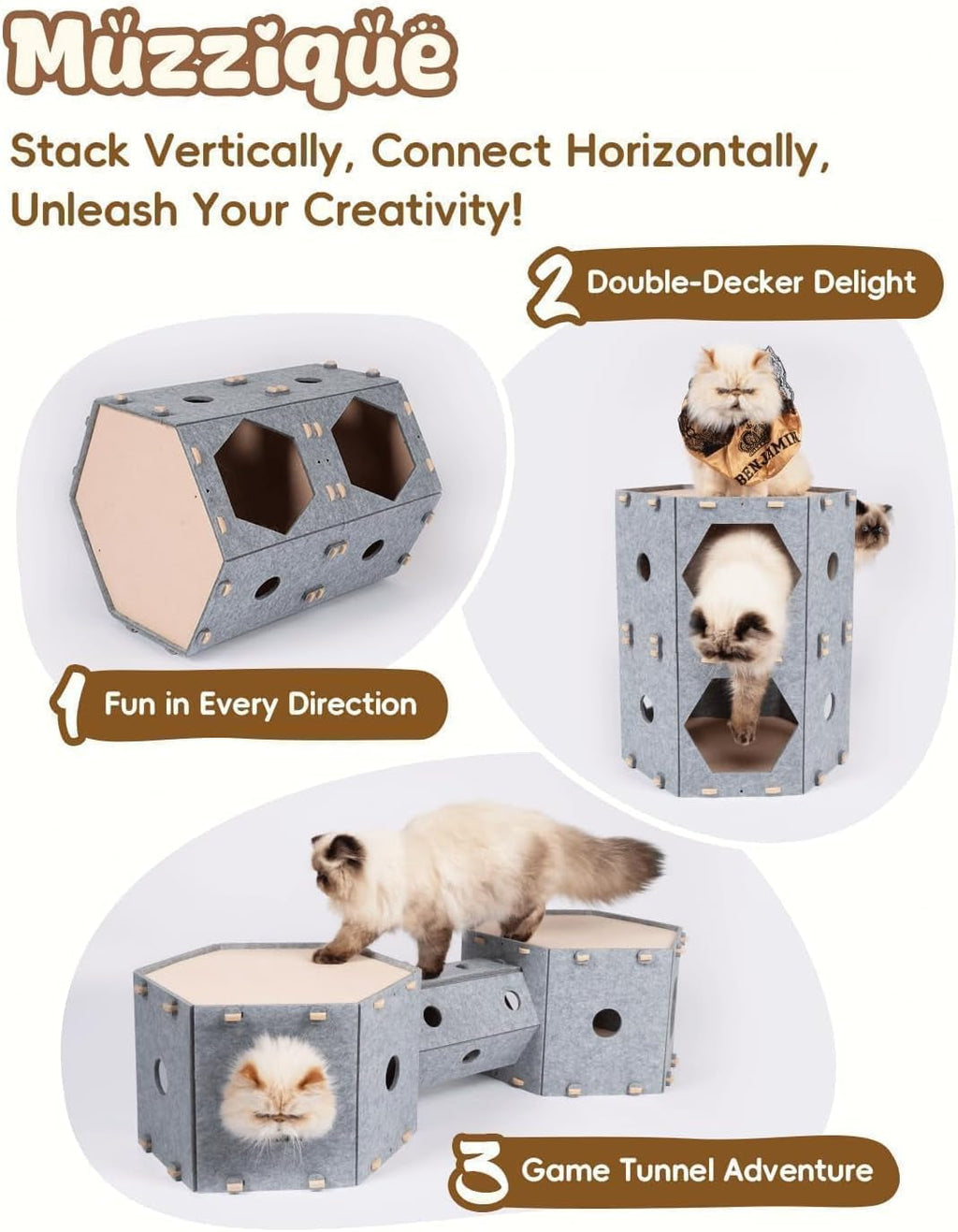 Muzzique Modular Felt Cat House & Tunnel Bed with Brush