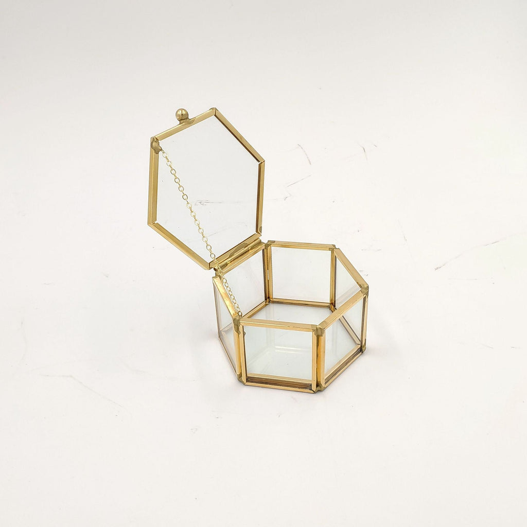 Mini Gold Eternal Flower Hexagon  Glass Jewellery Ring Box
