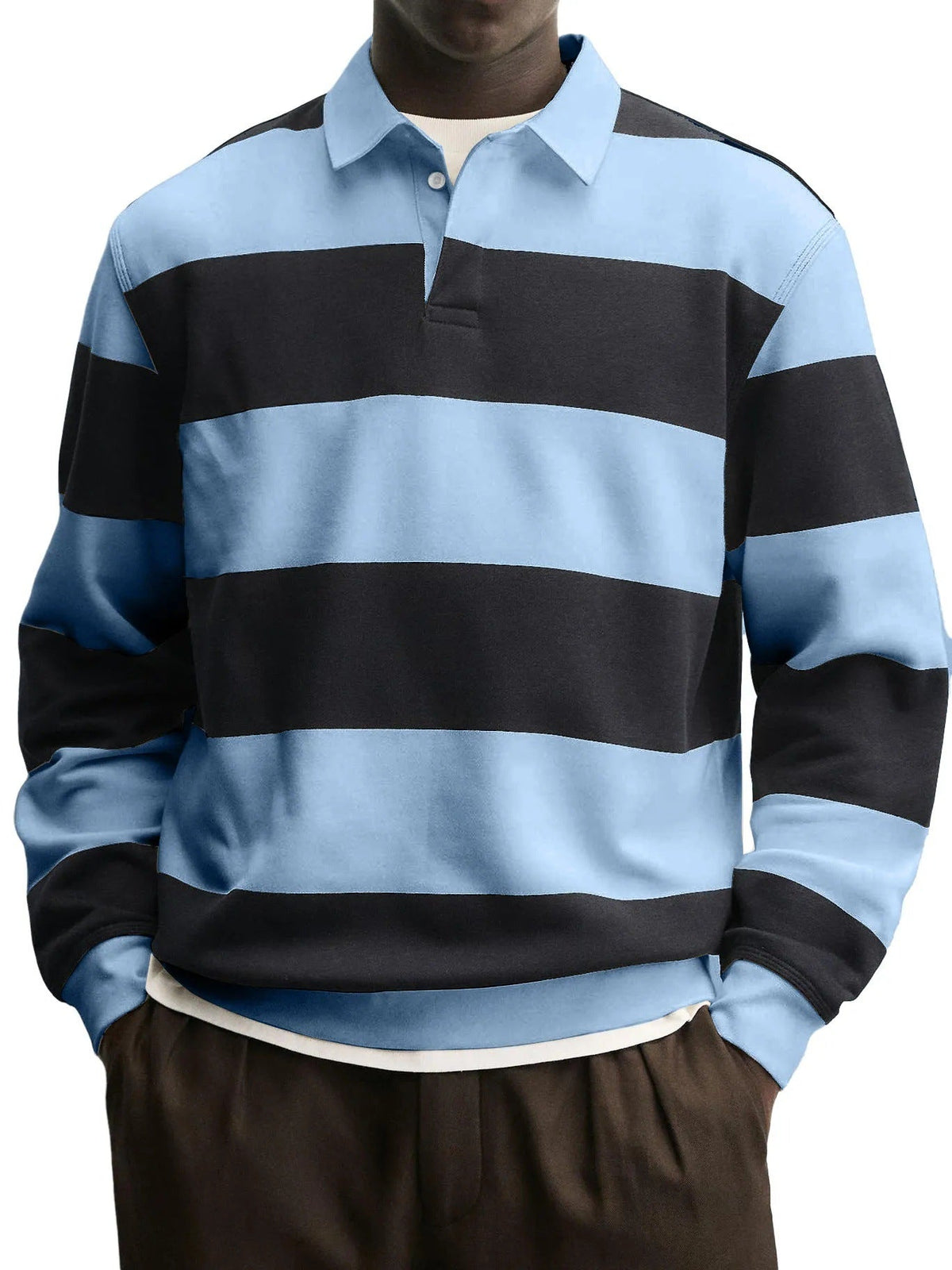 Mens Loose-collar Long-sleeved Striped T-shirt