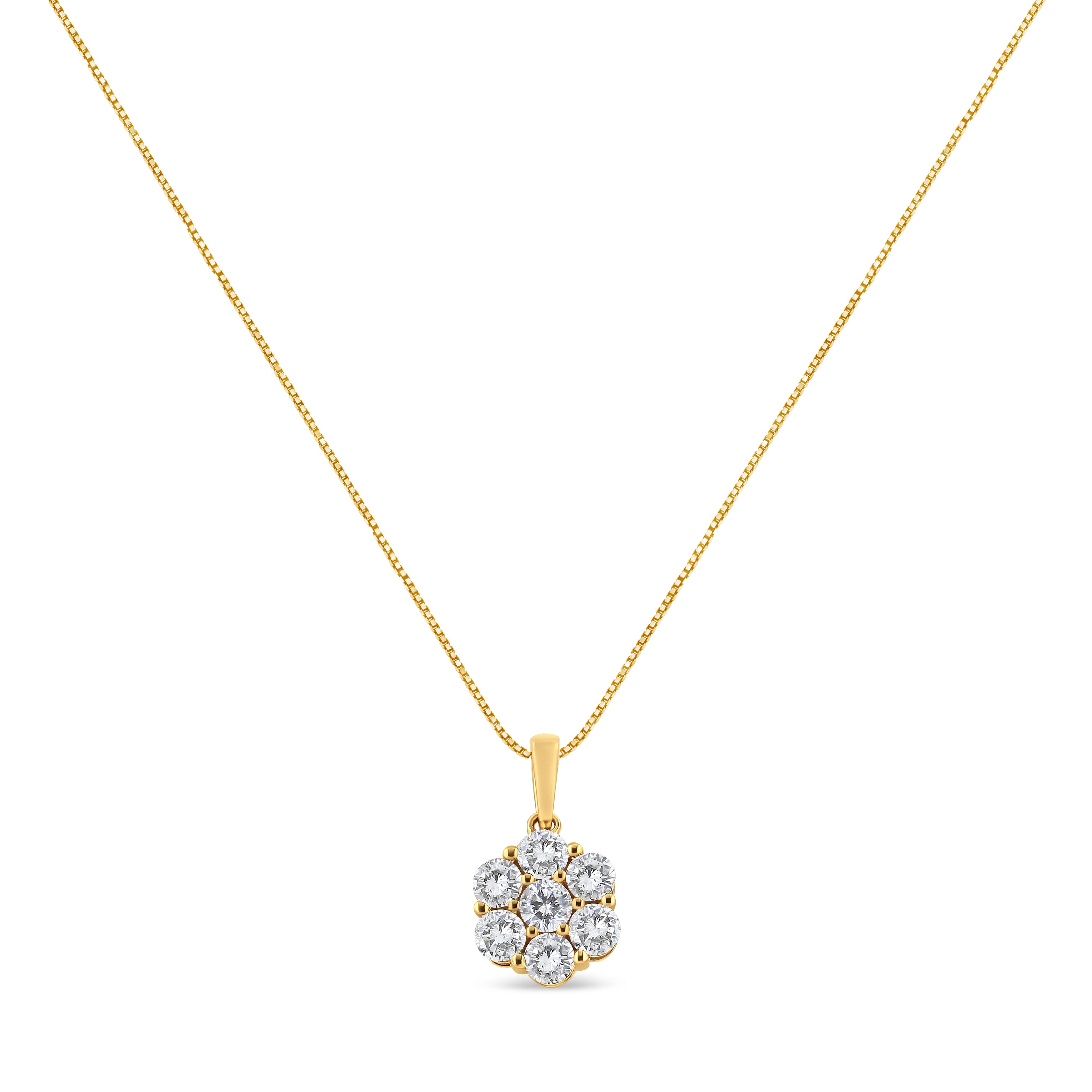14K Yellow Gold 2.00 Cttw Brilliant Round-Cut Diamond 7 Stone Flower Cluster 18" Pendant Necklace (H-I Color, SI2-I1 Clarity)